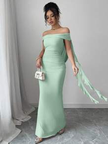 Elenzga 女士优雅纯色露肩鱼尾露背连衣裙 - 薄荷綠 - 查看 6