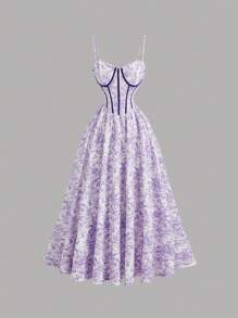 SHEIN MOD Vestido con estructura de corsé de cintura a rayas en contraste blanco y lila, camiseta tipo bustier con estampado floral