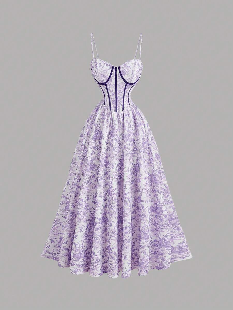 SHEIN MOD Vestido con estructura de corsé de cintura a rayas en contraste blanco y lila, camiseta tipo bustier con estampado floral