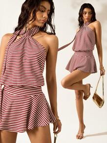SHEIN EZwear 连衣裙 条纹挂脖长连衣裙 - 紅白色 - 查看 3