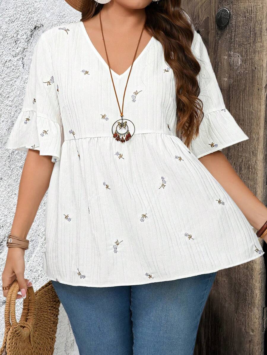 EMERY ROSE Plus Size Plain V-Neck Short Sleeve Tunic Blouse, Simple & Fashionable For Summer - White - View 1