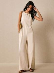 Poéselle 女式优雅纯色斜口袋无袖连体裤，夏季