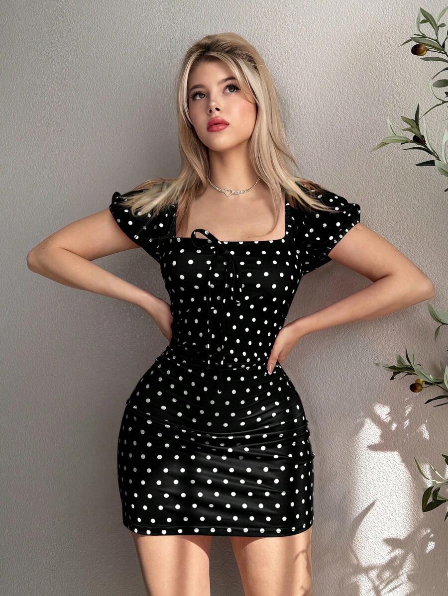 EgrlEra Women's Casual Cute Vintage Polka Dot Print Dress, College/Preppy Style Everyday Date Black And White Polka Dot Summer - Black and White - View 1