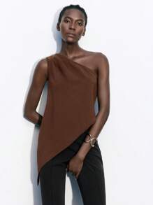 Maija Women's Casual Asymmetric Ruched Sleeveless Blouse, Brown, Suitable For Business And Leisure Wear