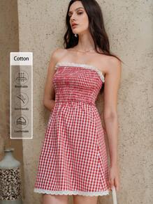 SHEIN LUNE 夏季新款棉质连衣裙，优雅女士露肩蕾丝拼接格子迷你连衣裙 - 紅色 - 查看 7