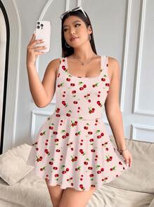 SHEIN EZwear Plus Size Women Cherry Ditsy Floral Pattern Printed Jumpsuit With Pockets, Casual Wear Suitable For Spring And Summer Outdoor And Vacation