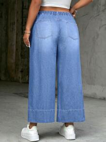 Slaydiva Quần ống rộng denim ống rộng dáng rộng cho nữ cỡ lớn, màu xanh - Rửa nhẹ - Xem 3