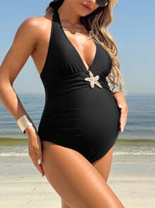 SHEIN Kỳ nghỉ bãi biển dành cho bà bầu Bộ đồ bơi một mảnh Tankini hở lưng họa tiết sao biển kèm váy che - màu đen - Xem 7