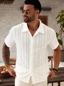 ResortEase Camisa de manga corta casual holgada y con estampado calado para hombres de talla grande
