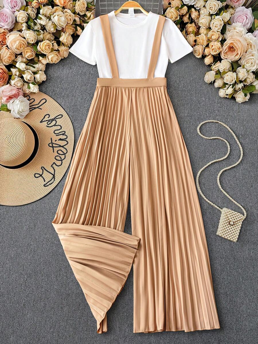 Flirla Plus Size Women's Solid Color Pleated Long Wide Leg Romantic Elegant Jumpsuit - Khaki - View 1