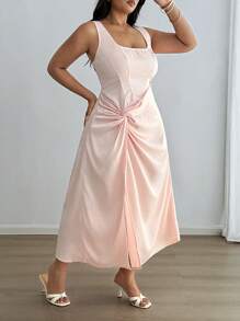 SHEIN Unity Party Satin Dress With Side Slit, Elegant Twist Knot Design - Pink - View 5