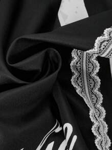 Sparklyn 1 pieza Pantalones anchos de cintura alta sueltos con estampado de lazo y decoración de encaje blanco para niña/adolescente, ropa de calle casual y elegante para primavera/verano