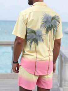 Manfinity RSRT Conjunto de camisa de manga corta y shorts con estampado de palmera para hombres, ideal para vacaciones de verano