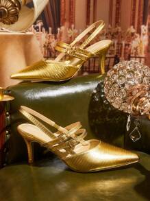 CUCCOO TILAWA Women Fashion Gold Pointed Toe Buckle Strap Kitten Heel Pumps, Elegant Office Lady Formal Party Wedding Evening Sandals - Gold - View 2