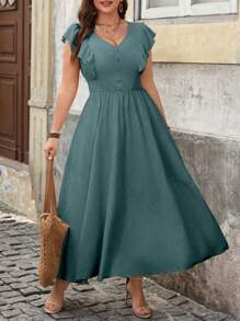 SHEIN Clasi Plus Size Women V-Neck Ruffle Hem A-Line Casual Dress For Daily Outing, Spring/Summer