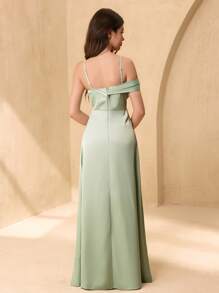 SHEIN 少女优雅薄荷绿缎面细肩带伴娘婚纱，大摆裙公主礼服 - 薄荷綠 - 查看 2