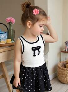 2 件套女婴春夏优雅风格无袖吊带上衣和波点短裙 - 黑色 - 查看 1
