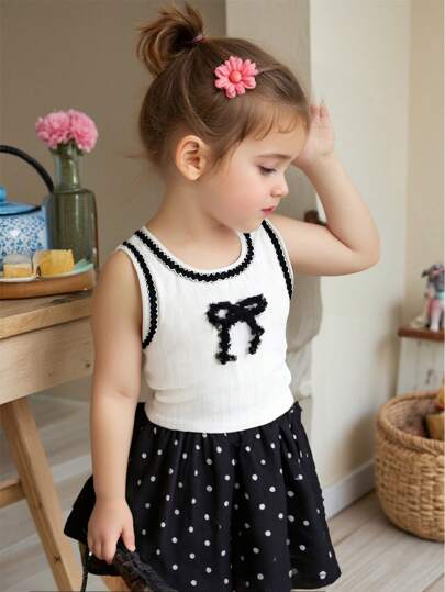 2 件套女婴春夏优雅风格无袖吊带上衣和波点短裙