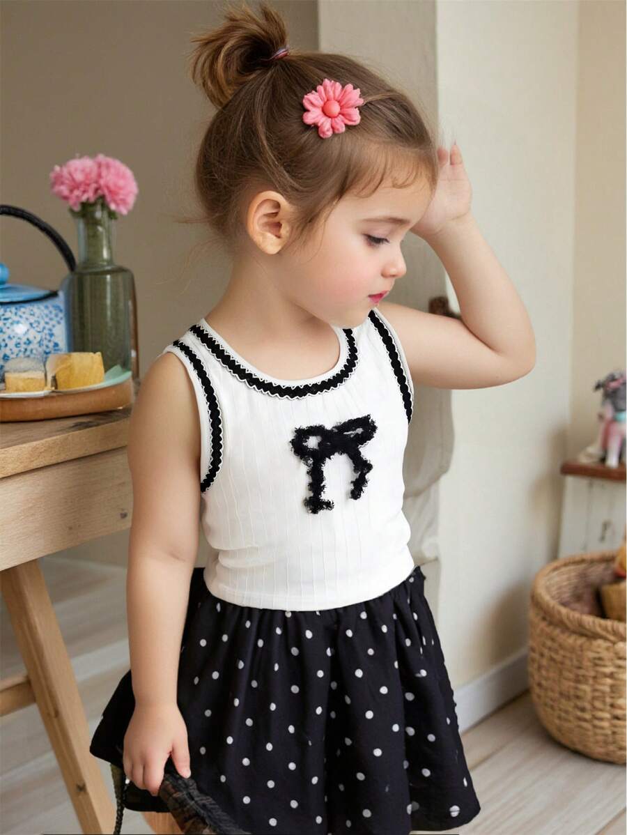 2 件套女婴春夏优雅风格无袖吊带上衣和波点短裙 - 黑色 - 查看 1