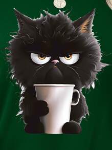 SHEIN LUNE Women Cartoon Cat Print Casual Comfortable Versatile Long Sleeve T-Shirt, Graphic Tees, Women Tops For Spring - Green - View 6