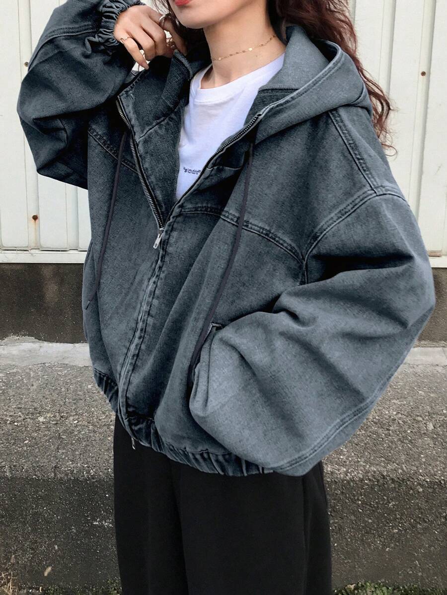 FRIFUL 女士纯色休闲拉链宽松长袖连帽牛仔夹克