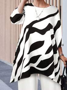 EMERY ROSE 2pcs Plus Fashion Granny Fall Clothes Curvethanksgiving Women Outfit Size Casual Contrast Color Asymmetric Hem Top And Pants Set, Autumn,Summer Outfits For Women Women Summer Clothing,Vacation Outfits Woman - White - View 8