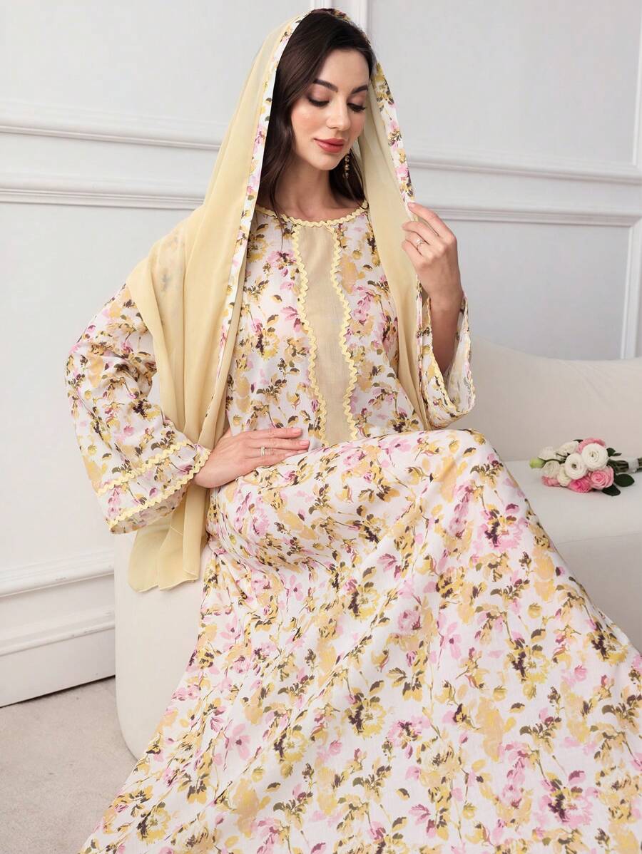 SHEIN Najma 圆领小碎花纯色荷叶边阿拉伯风格连衣裙，配头巾，端庄大方