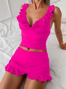 SHEIN Swim 女士夏季性感细肩带比基尼套装 - 玫紅色 - 查看 1