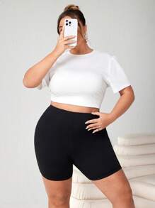 SHEIN CURVE+ 2 件大码女士休闲纯色紧身裤套装，适合夏季 - 彩色 - 查看 4