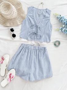 Soleia Conjunto de 2 piezas para vacaciones, compuesto por shorts sueltos con decoración de lazo y estampado de rayas azul y blanco en estilo fresco de macarrón, adecuado para uso casual en verano como graduaciones y bodas