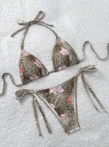 Soleia بكيني نسائي مكون من طقم زهور وطباعة فهد مثير، أربطة للبس، مناسب لارتداء في الشاطىء والعطلات الصيفية - متعدد الألوان - مشاهدة 5