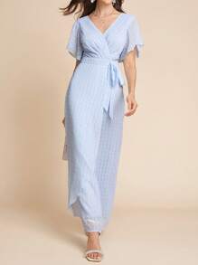Amorya Solid Color Texture Flower Cutting Saint Patrick Day Butterfly Sleeve Wrap Belted Wide Leg Jumpsuit - Blue - View 6