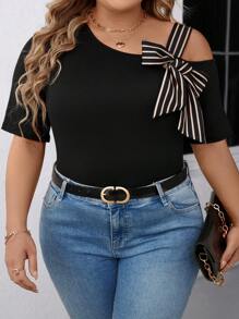 SHEIN CURVE+ 休闲通勤和度假风格加大码女士黑色 T 恤，优雅系肩短袖常规设计，舒适面料，春夏秋 - 黑色 - 查看 5