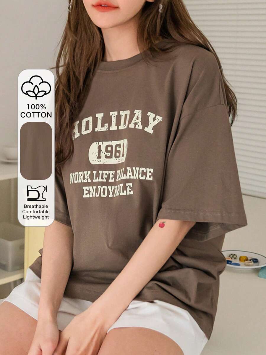 DAZY Áo thun hở vai họa tiết chữ mùa hè cỡ lớn - Cà phê nâu - Xem 1