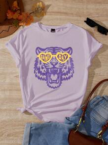 INAWLY Camiseta de mujer con cuello redondo estampada con diseño de tigre vintage pintado a mano en colores contrastantes para el día del juego