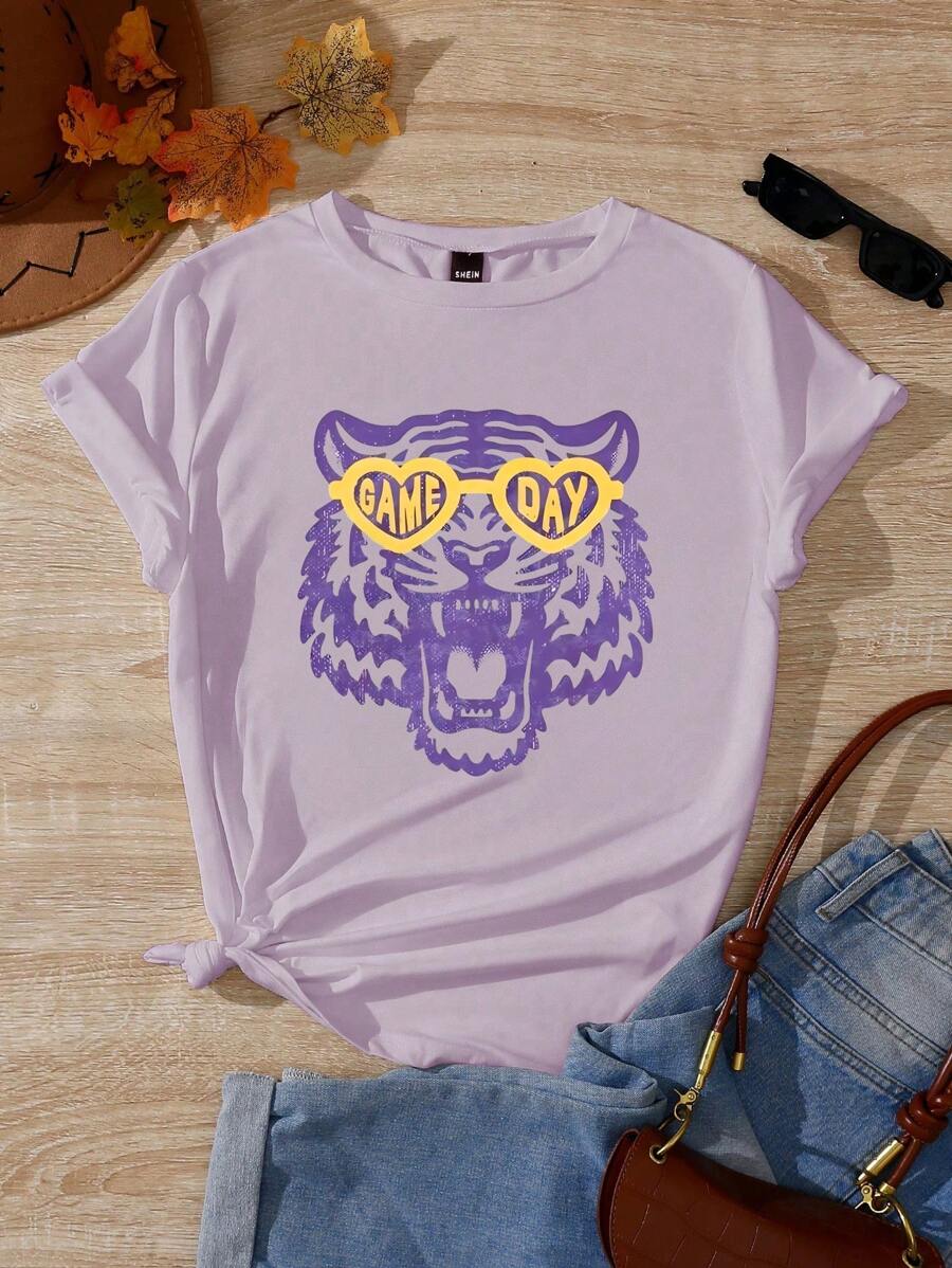 INAWLY Camiseta de mujer con cuello redondo estampada con diseño de tigre vintage pintado a mano en colores contrastantes para el día del juego