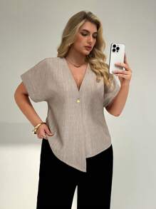 Auralis 大码夏季商务休闲女士外出上衣女士办公室工作女士教堂外出老式钱风格衬衫，机场趣味衬衫欧洲夏季 V 领蝙蝠袖休闲纯色衬衫