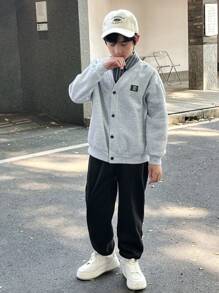 3 件套青少年男孩休闲学院风韩版超大条纹衬衫、连帽衫、抽绳运动裤套装，适合通勤、上学、日常、运动，加绒加厚，秋冬 - 灰色 - 查看 8