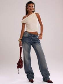 SHEIN BAE Women's Summer Sexy Bohemian Beach Vacation Concert Crochet Asymmetrical Shoulder Knotted Going-Out Tops, Summer,Club Women Sexy,Rave Top