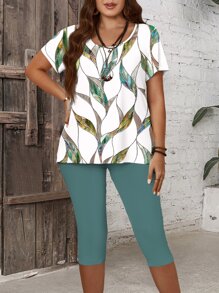 EMERY ROSE Set de 2 piezas con leggings y shorts con estampado de hojas de color contrastante, cuello redondo, manga corta, estilo casual y sencillo, talla grande - Multicolor - Ver 7