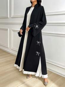 Al Najma 女士优雅水钻蝴蝶结褶边长袍 黑色长袍婚礼宾客礼服 女士串珠上衣，端庄长袍 - 黑與白 - 查看 2