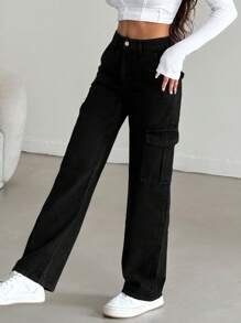 RueChic 100%Cotton Jeans With Side Flap Pockets - Black - View 5