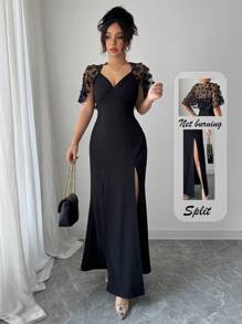 Elenzga Women's Elegant Contrast Mesh Hem Split Maxi Dress - Black - View 3