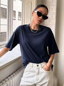 DAZY Letter Graphic Drop Shoulder Tee Oversized T-Shirt - Navy Blue - View 9