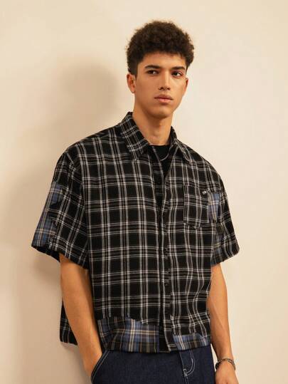 メンズ チェック柄シャツ ドロップショルダー ルーズ S02461 シャツ メンズ 7分袖 チェック柄 オーバーサイズ 七分袖シャツ