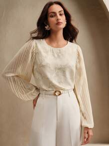 Anewsta Women Elegant Romantic Cutout Pleated Sleeve Design Blouse, Spring & Summer Outfits - Apricot - View 6