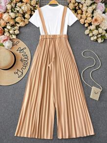 Flirla Plus Size Women's Solid Color Pleated Long Wide Leg Romantic Elegant Jumpsuit - Khaki - View 2