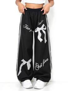 Sparklyn 1 pieza Pantalones anchos de cintura alta sueltos con estampado de lazo y decoración de encaje blanco para niña/adolescente, ropa de calle casual y elegante para primavera/verano