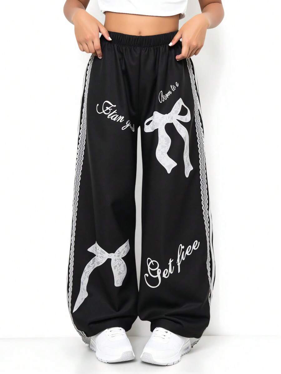 Sparklyn 1 pieza Pantalones anchos de cintura alta sueltos con estampado de lazo y decoración de encaje blanco para niña/adolescente, ropa de calle casual y elegante para primavera/verano