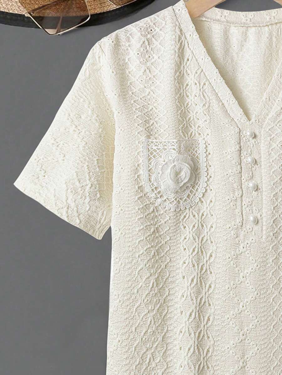 SHEIN Lacomfia Women's Jacquard V-Neck Applique Decor Short Sleeve T-Shirt